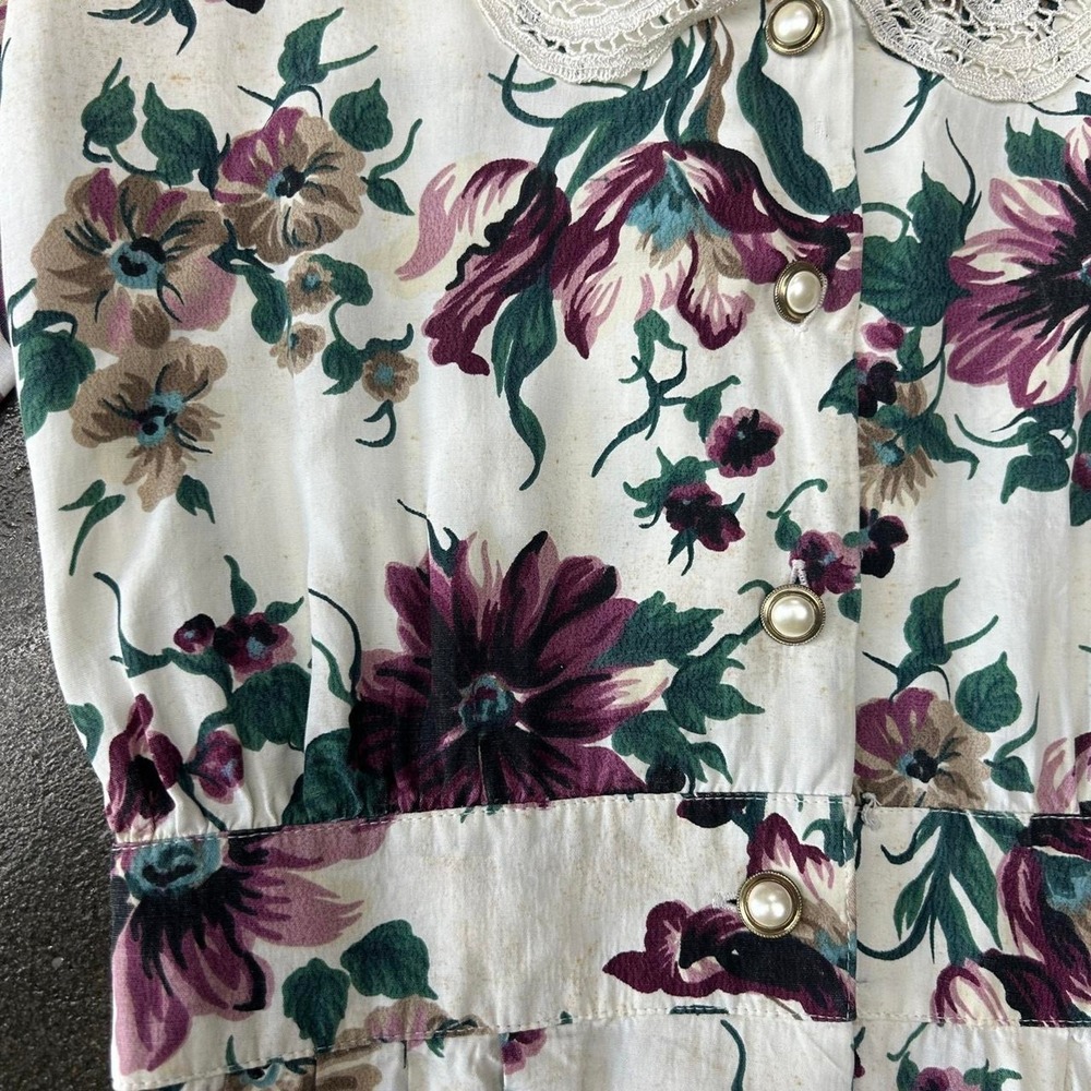 Vintage 80s Petite Floral Lace Trim Womens Medium Short Sleeve Cottagecore Dress - Picture 3 of 5